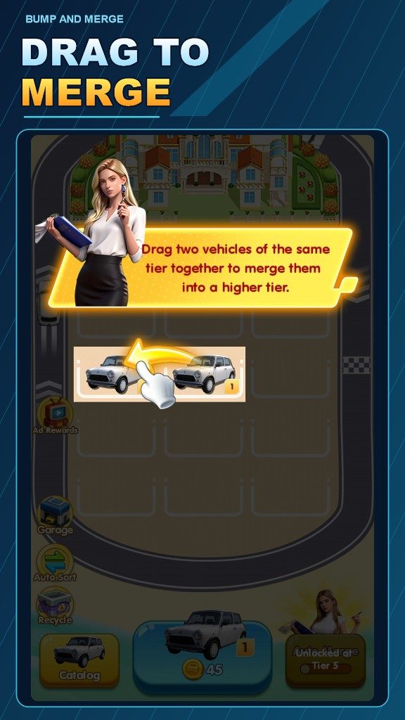 Drag to merge matching cars on the board
